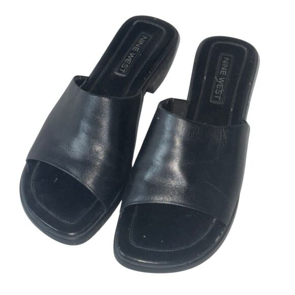 Y2K Black Nine West Leather Platform Slides Sandal Womens 7 Open Toe 1.5" Heel - Picture 1 of 7